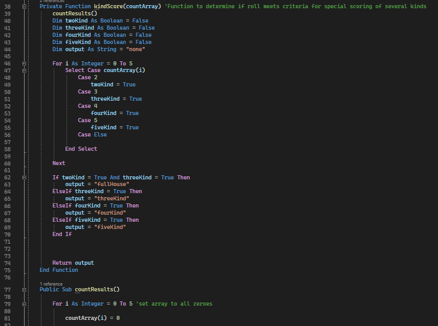 A snippet from a Visual Basic Yahtzee game program