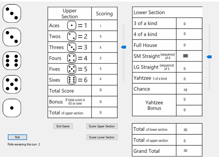 UI for a computer Yahtzee game
